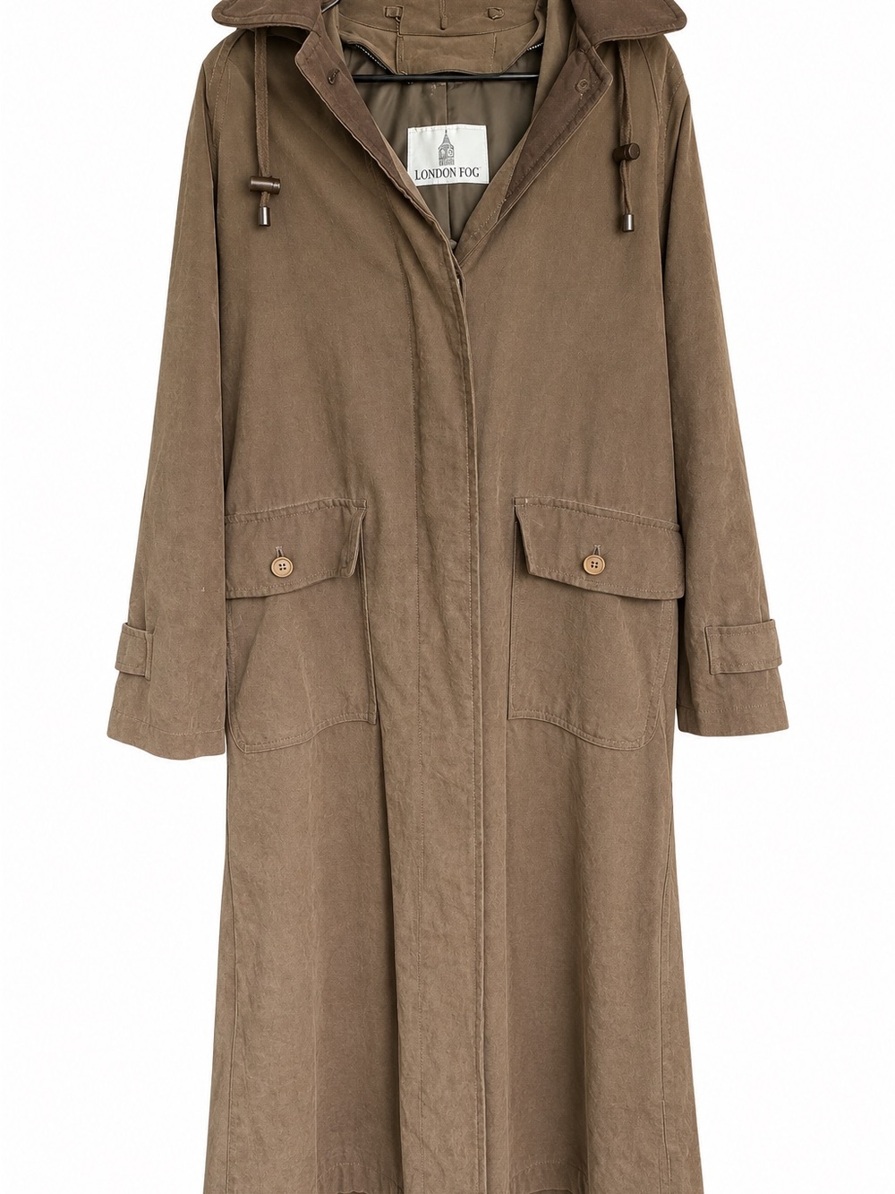 London Fog Taupe Hooded Long Trench Coat